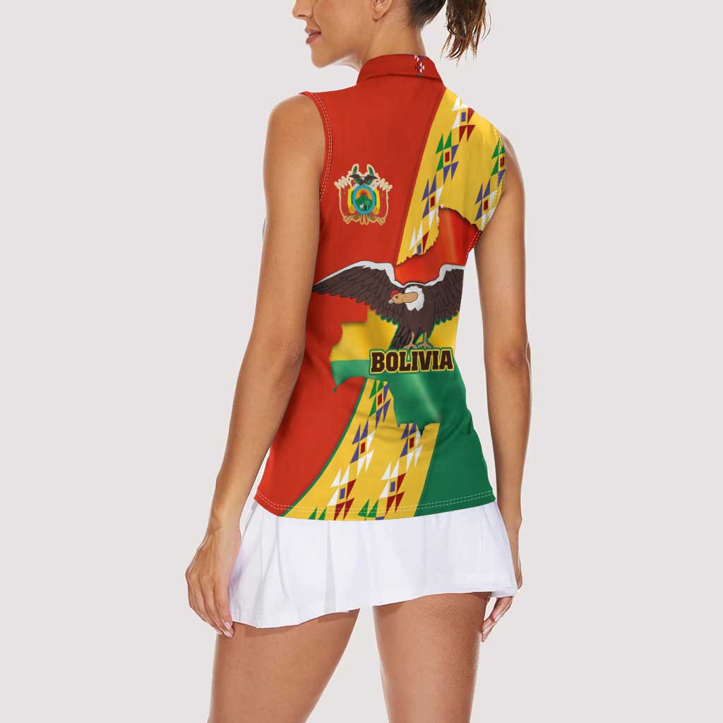 Bolivia Flag Color Women Sleeveless Polo Shirt with National Crest, Andean Pattern and Condor Graphic