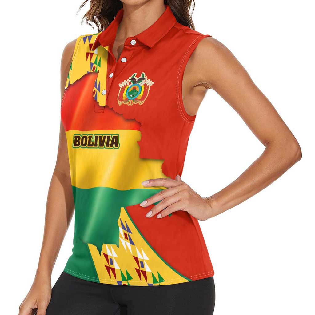 Bolivia Flag Color Women Sleeveless Polo Shirt with National Crest, Andean Pattern and Condor Graphic