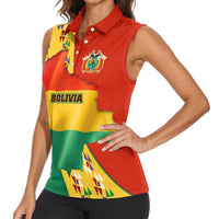 Bolivia Flag Color Women Sleeveless Polo Shirt with National Crest, Andean Pattern and Condor Graphic