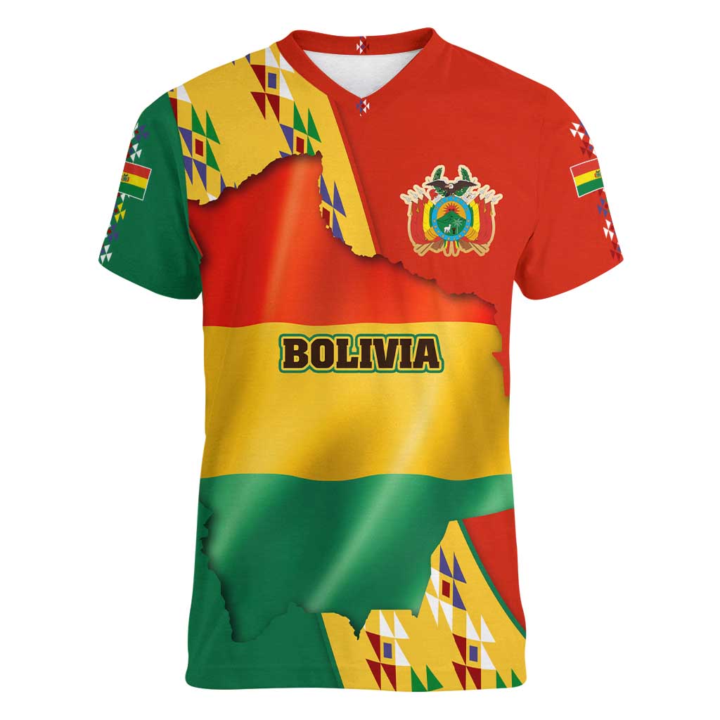 Bolivia Flag Color Women V-Neck T-Shirt with National Crest, Andean Pattern and Condor Graphic