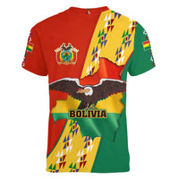 Bolivia Flag Color Women V-Neck T-Shirt with National Crest, Andean Pattern and Condor Graphic