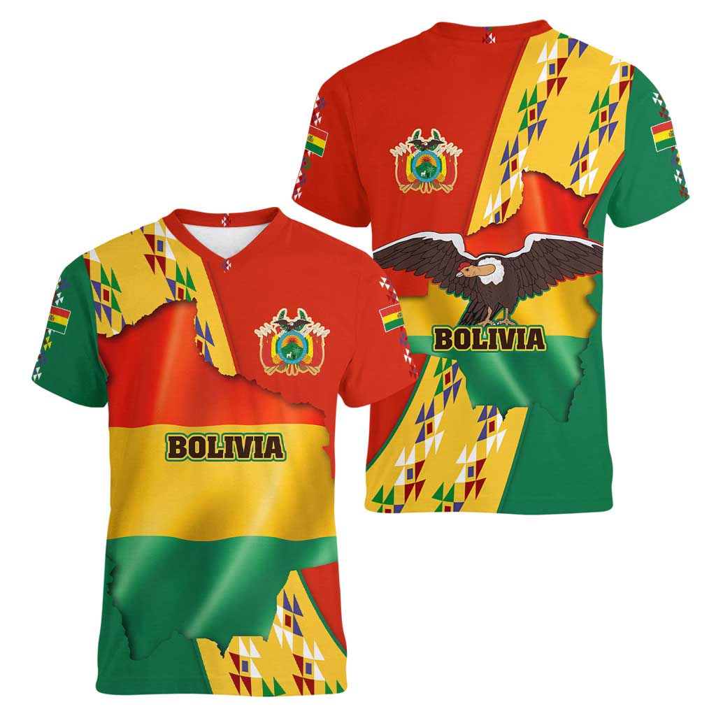 Bolivia Flag Color Women V-Neck T-Shirt with National Crest, Andean Pattern and Condor Graphic
