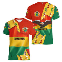Bolivia Flag Color Women V-Neck T-Shirt with National Crest, Andean Pattern and Condor Graphic