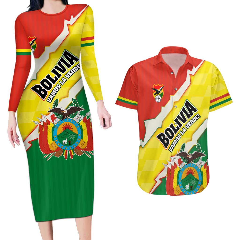 Bolivia Vamos La Verde Couples Matching Long Sleeve Bodycon Dress and Hawaiian Shirt with Flag Colors and National Football Crest