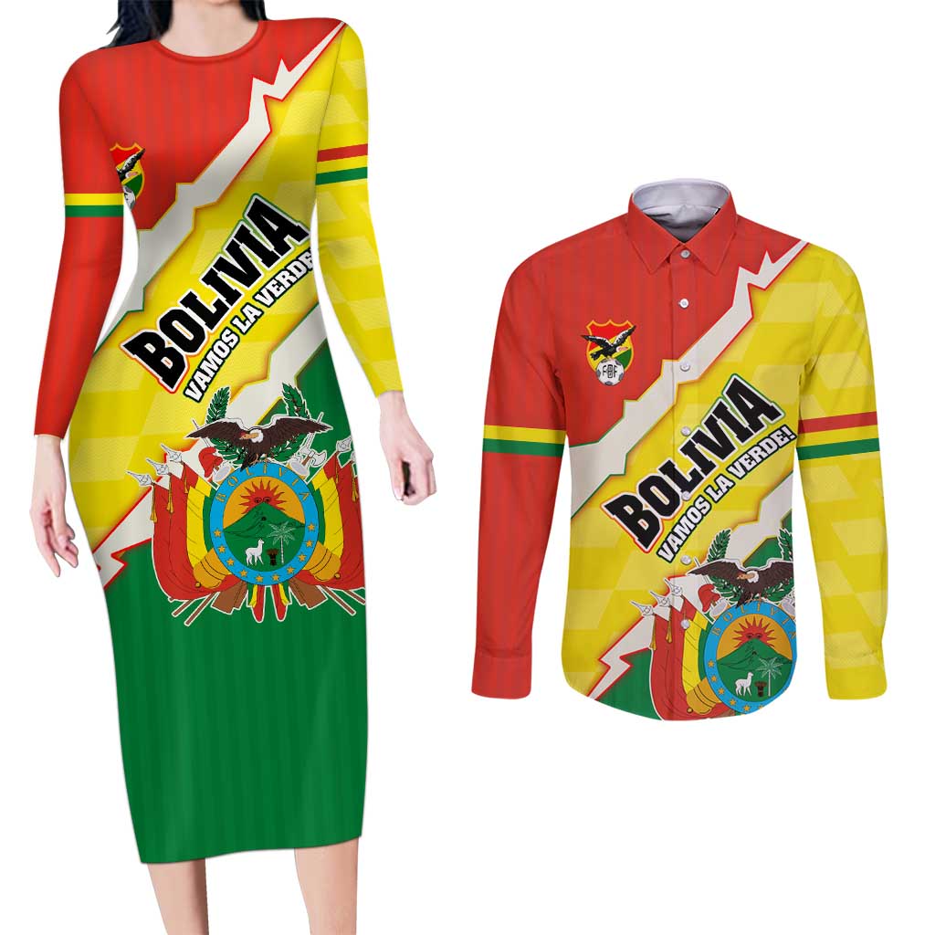 Bolivia Vamos La Verde Couples Matching Long Sleeve Bodycon Dress and Long Sleeve Button Shirt with Flag Colors and National Football Crest
