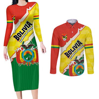 Bolivia Vamos La Verde Couples Matching Long Sleeve Bodycon Dress and Long Sleeve Button Shirt with Flag Colors and National Football Crest