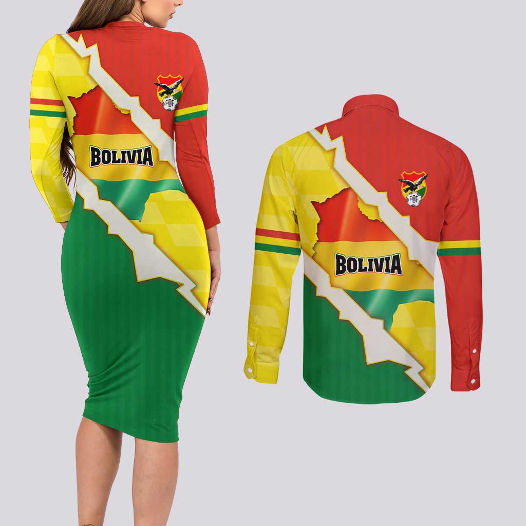 Bolivia Vamos La Verde Couples Matching Long Sleeve Bodycon Dress and Long Sleeve Button Shirt with Flag Colors and National Football Crest
