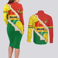 Bolivia Vamos La Verde Couples Matching Long Sleeve Bodycon Dress and Long Sleeve Button Shirt with Flag Colors and National Football Crest
