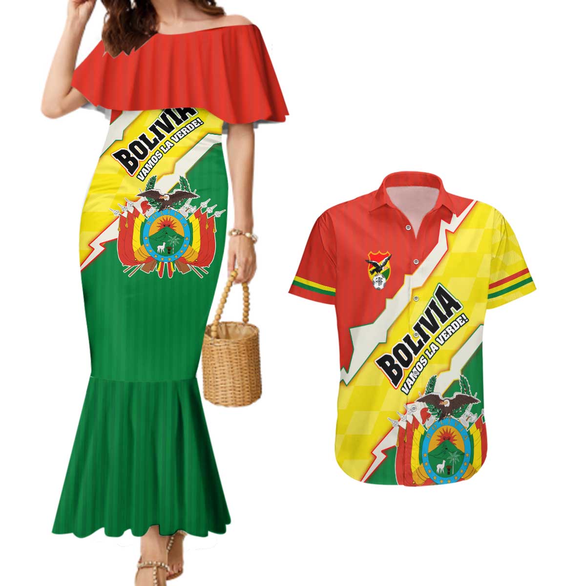 Bolivia Vamos La Verde Couples Matching Mermaid Dress and Hawaiian Shirt with Flag Colors and National Football Crest