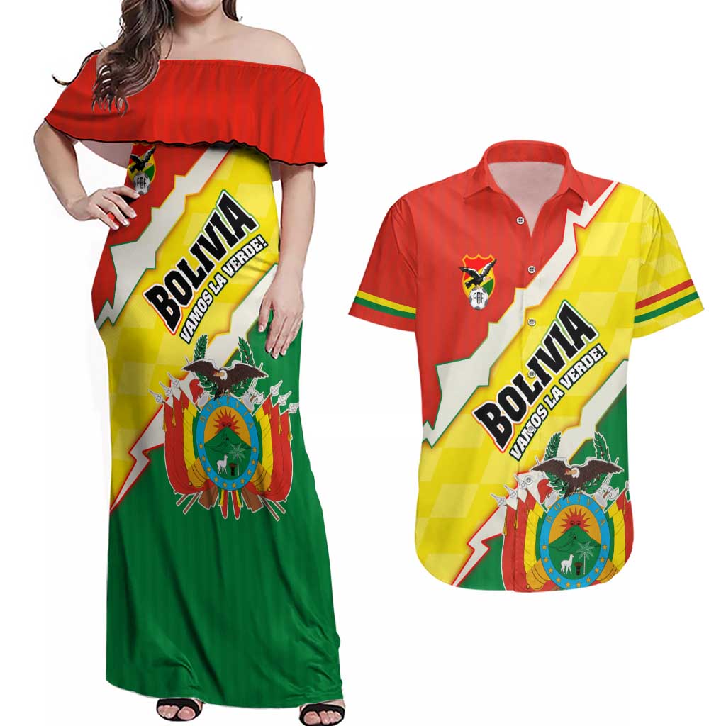 Bolivia Vamos La Verde Couples Matching Off Shoulder Maxi Dress and Hawaiian Shirt with Flag Colors and National Football Crest