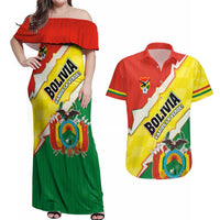 Bolivia Vamos La Verde Couples Matching Off Shoulder Maxi Dress and Hawaiian Shirt with Flag Colors and National Football Crest