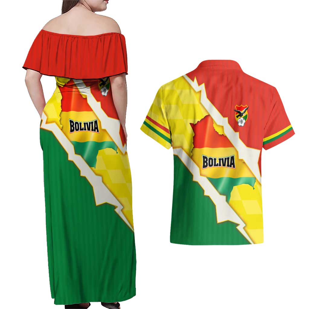 Bolivia Vamos La Verde Couples Matching Off Shoulder Maxi Dress and Hawaiian Shirt with Flag Colors and National Football Crest