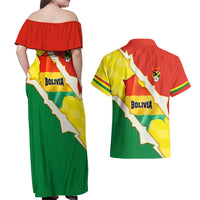 Bolivia Vamos La Verde Couples Matching Off Shoulder Maxi Dress and Hawaiian Shirt with Flag Colors and National Football Crest