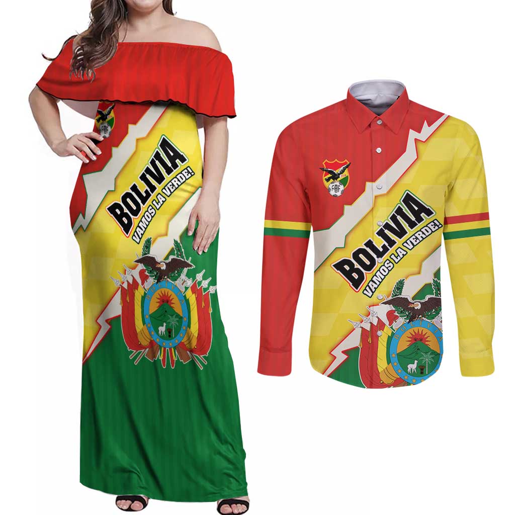 Bolivia Vamos La Verde Couples Matching Off Shoulder Maxi Dress and Long Sleeve Button Shirt with Flag Colors and National Football Crest