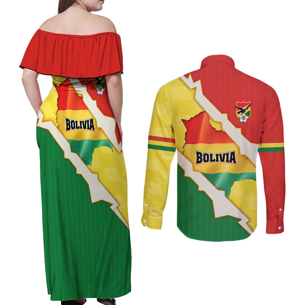 Bolivia Vamos La Verde Couples Matching Off Shoulder Maxi Dress and Long Sleeve Button Shirt with Flag Colors and National Football Crest