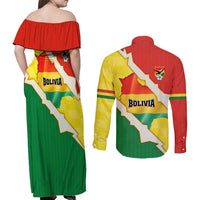 Bolivia Vamos La Verde Couples Matching Off Shoulder Maxi Dress and Long Sleeve Button Shirt with Flag Colors and National Football Crest