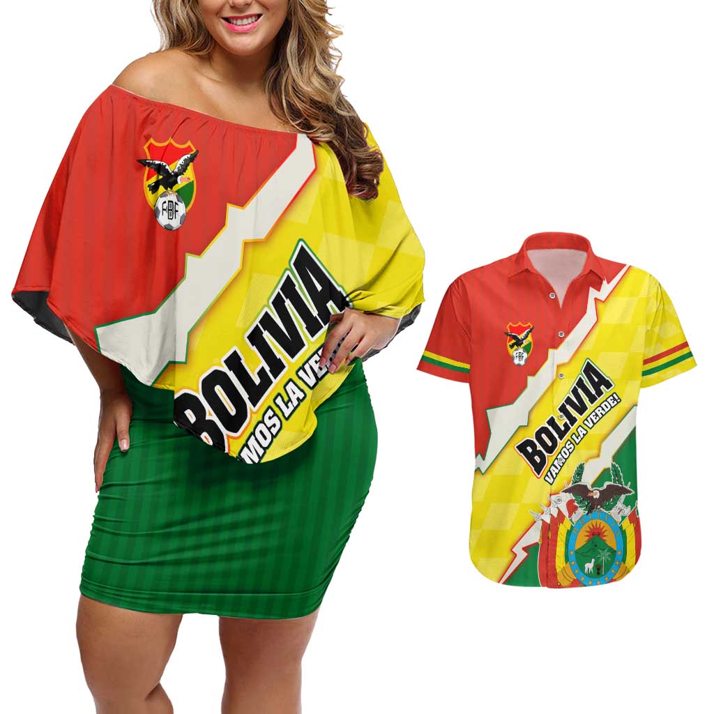 Bolivia Vamos La Verde Couples Matching Off Shoulder Short Dress and Hawaiian Shirt with Flag Colors and National Football Crest