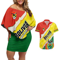 Bolivia Vamos La Verde Couples Matching Off Shoulder Short Dress and Hawaiian Shirt with Flag Colors and National Football Crest