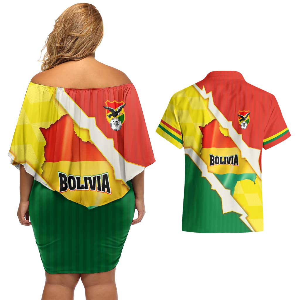 Bolivia Vamos La Verde Couples Matching Off Shoulder Short Dress and Hawaiian Shirt with Flag Colors and National Football Crest