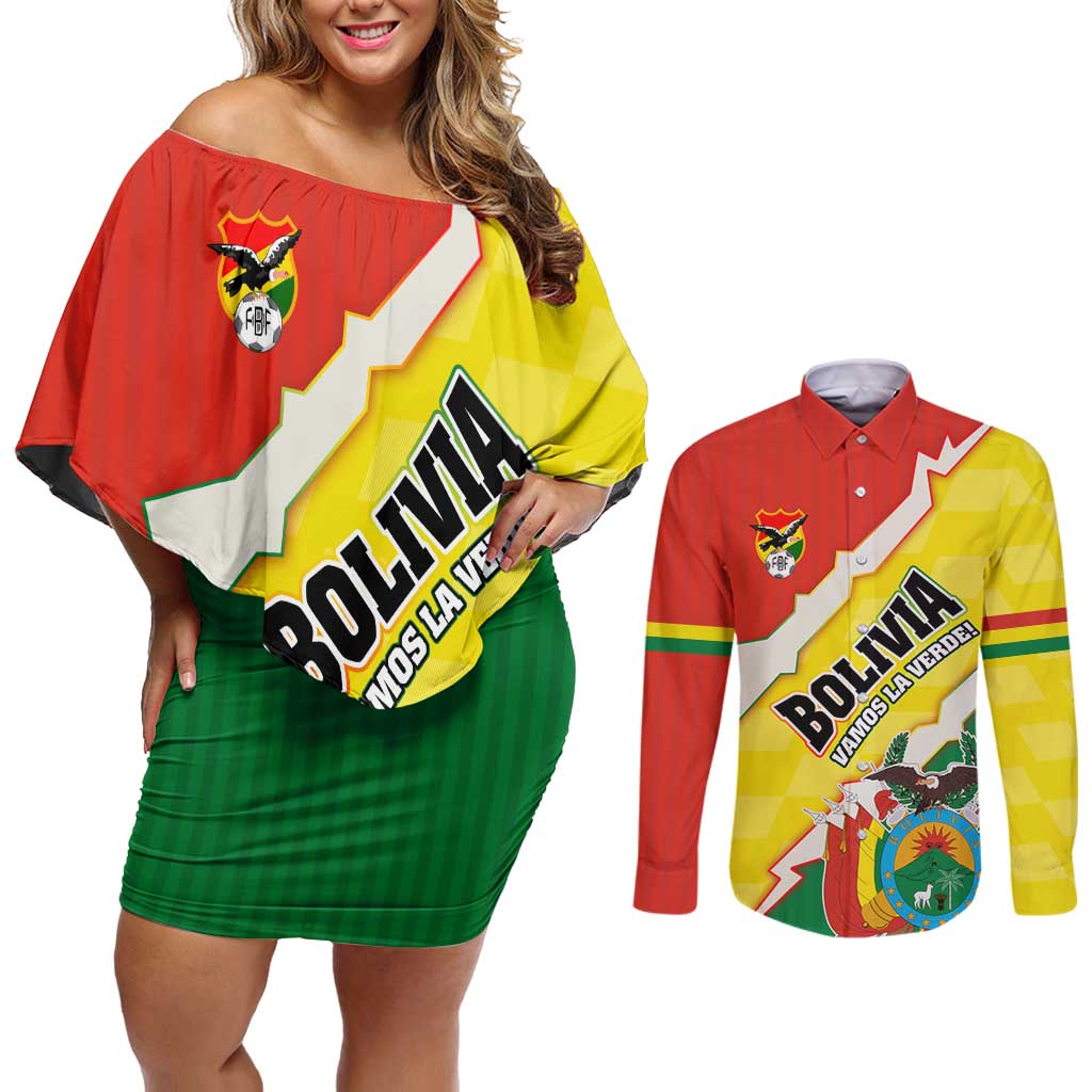 Bolivia Vamos La Verde Couples Matching Off Shoulder Short Dress and Long Sleeve Button Shirt with Flag Colors and National Football Crest