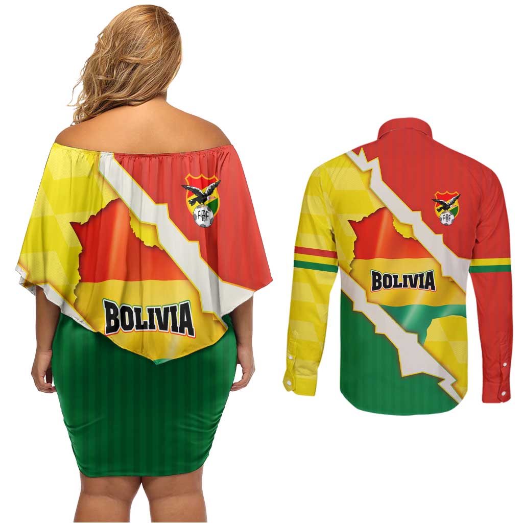 Bolivia Vamos La Verde Couples Matching Off Shoulder Short Dress and Long Sleeve Button Shirt with Flag Colors and National Football Crest