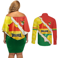 Bolivia Vamos La Verde Couples Matching Off Shoulder Short Dress and Long Sleeve Button Shirt with Flag Colors and National Football Crest
