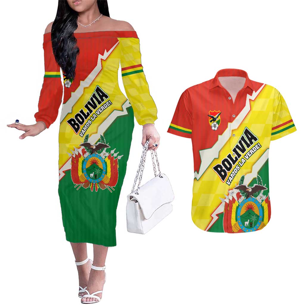 Bolivia Vamos La Verde Couples Matching Off The Shoulder Long Sleeve Dress and Hawaiian Shirt with Flag Colors and National Football Crest