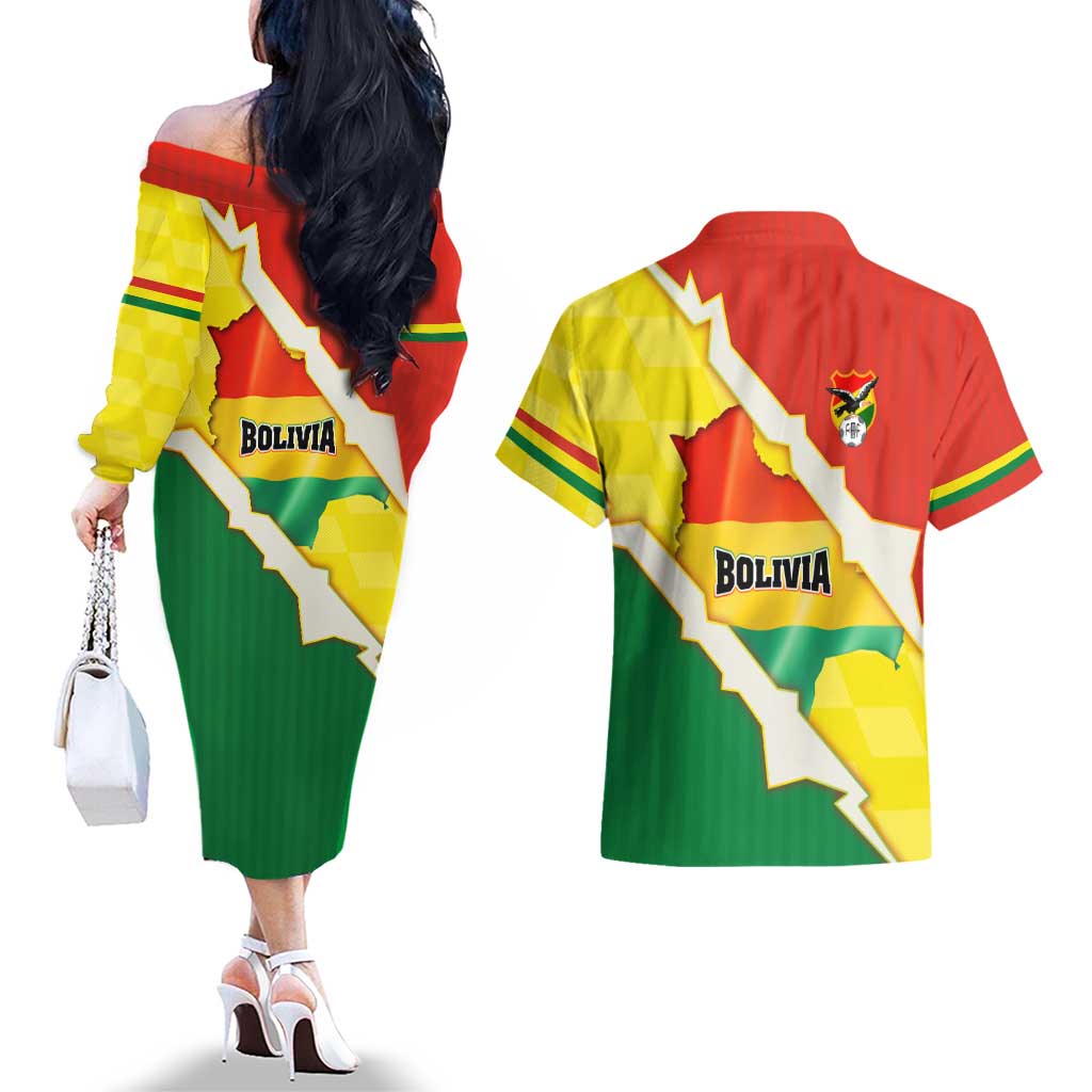 Bolivia Vamos La Verde Couples Matching Off The Shoulder Long Sleeve Dress and Hawaiian Shirt with Flag Colors and National Football Crest