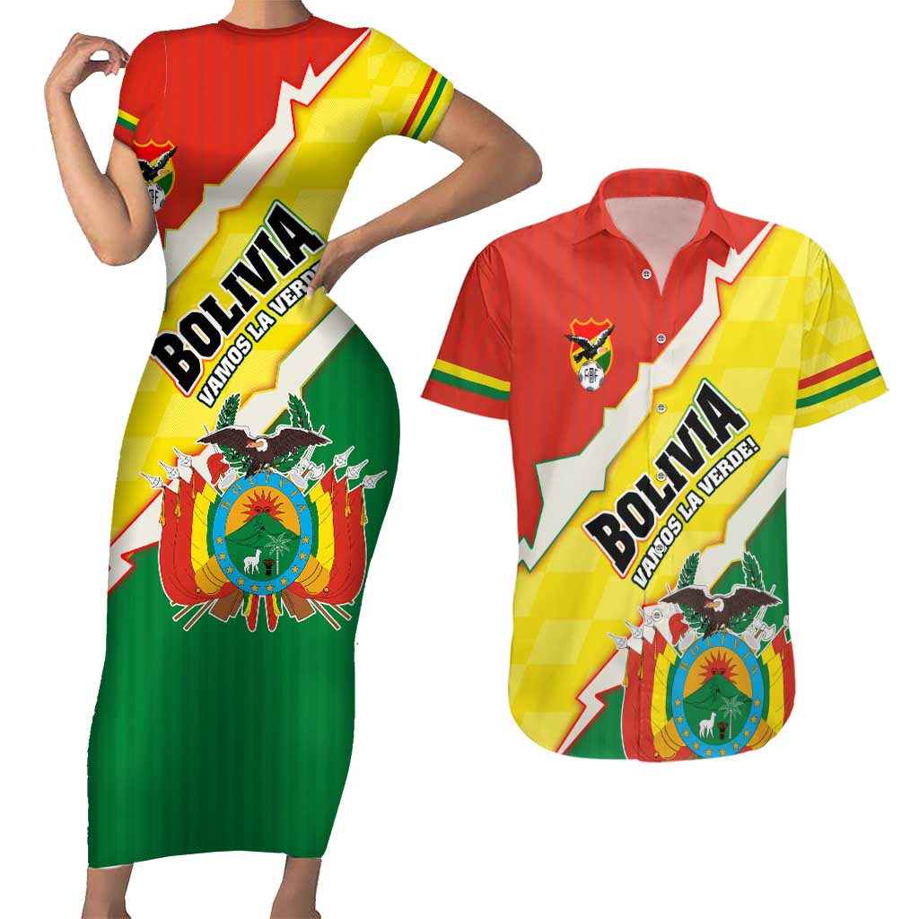 Bolivia Vamos La Verde Couples Matching Short Sleeve Bodycon Dress and Hawaiian Shirt with Flag Colors and National Football Crest