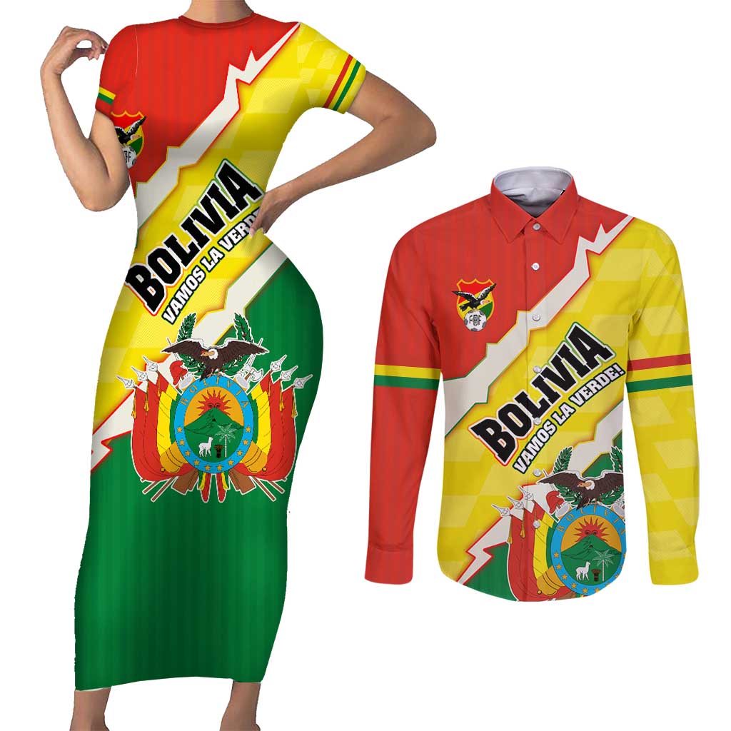 Bolivia Vamos La Verde Couples Matching Short Sleeve Bodycon Dress and Long Sleeve Button Shirt with Flag Colors and National Football Crest