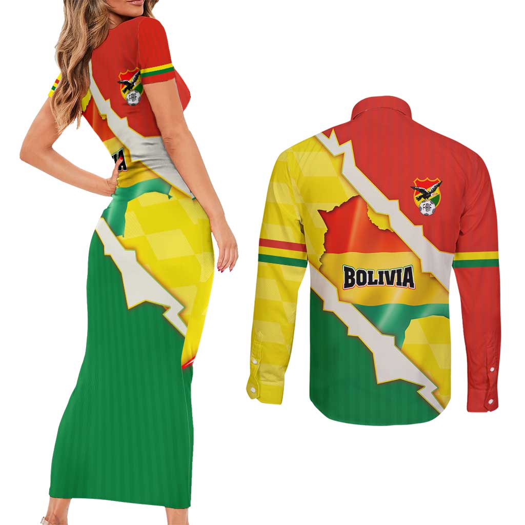 Bolivia Vamos La Verde Couples Matching Short Sleeve Bodycon Dress and Long Sleeve Button Shirt with Flag Colors and National Football Crest