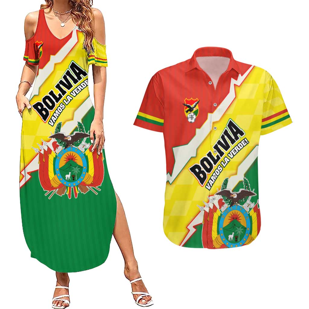 Bolivia Vamos La Verde Couples Matching Summer Maxi Dress and Hawaiian Shirt with Flag Colors and National Football Crest