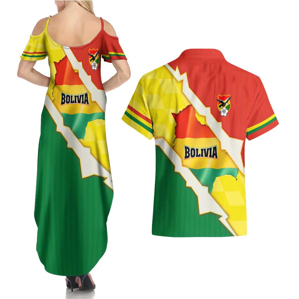Bolivia Vamos La Verde Couples Matching Summer Maxi Dress and Hawaiian Shirt with Flag Colors and National Football Crest
