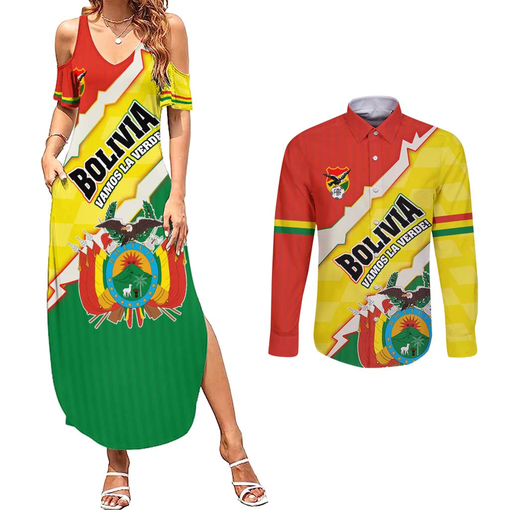 Bolivia Vamos La Verde Couples Matching Summer Maxi Dress and Long Sleeve Button Shirt with Flag Colors and National Football Crest