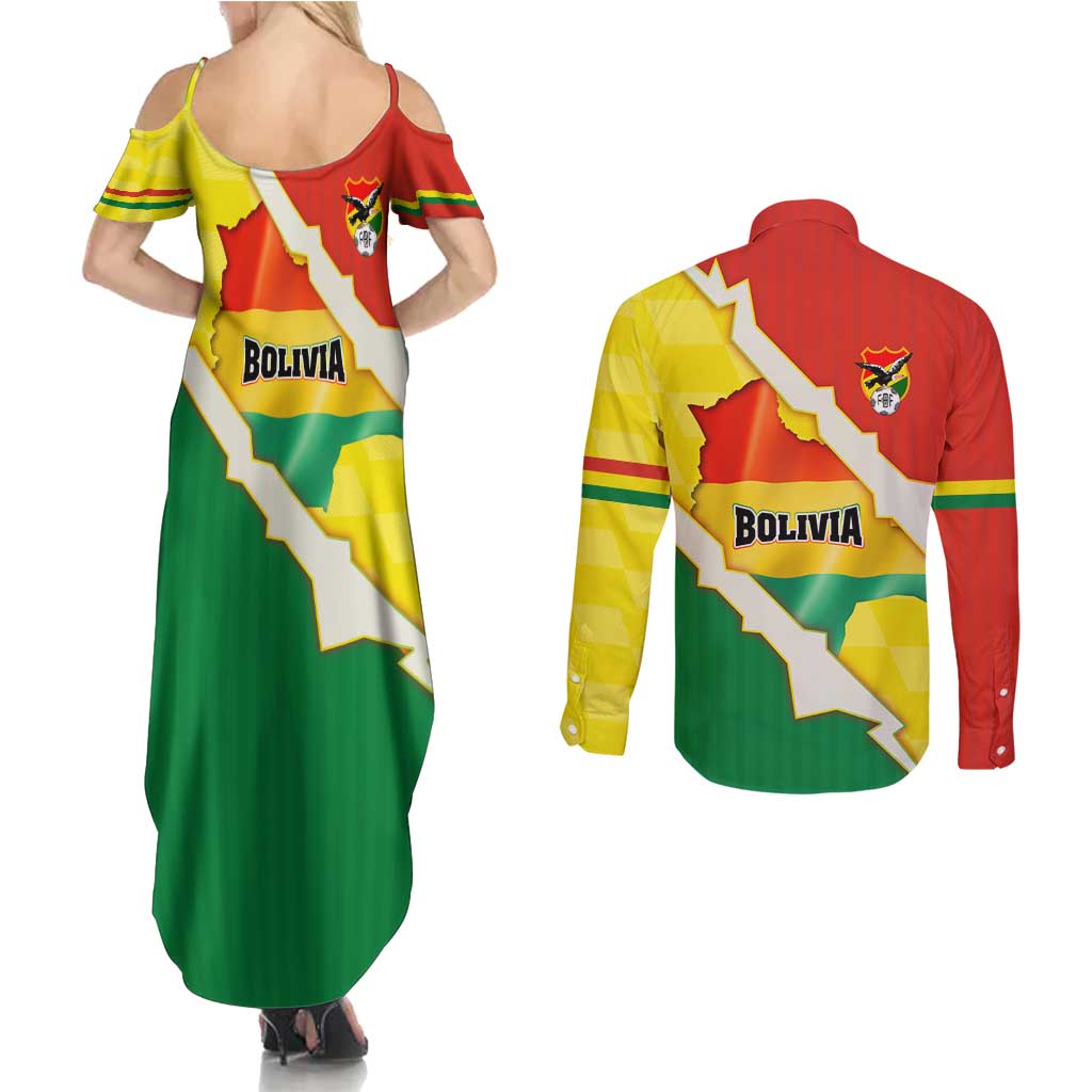 Bolivia Vamos La Verde Couples Matching Summer Maxi Dress and Long Sleeve Button Shirt with Flag Colors and National Football Crest