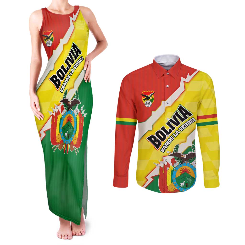 Bolivia Vamos La Verde Couples Matching Tank Maxi Dress and Long Sleeve Button Shirt with Flag Colors and National Football Crest