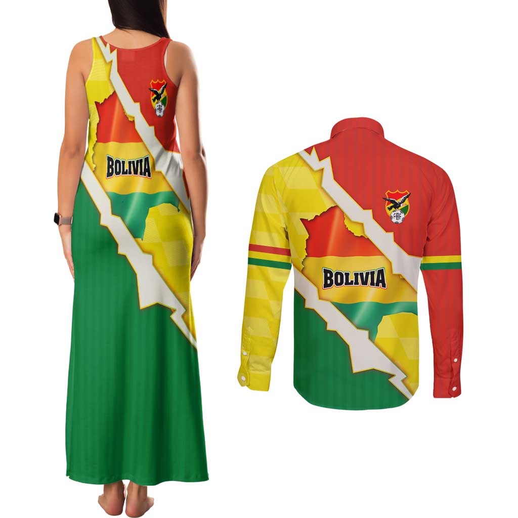 Bolivia Vamos La Verde Couples Matching Tank Maxi Dress and Long Sleeve Button Shirt with Flag Colors and National Football Crest