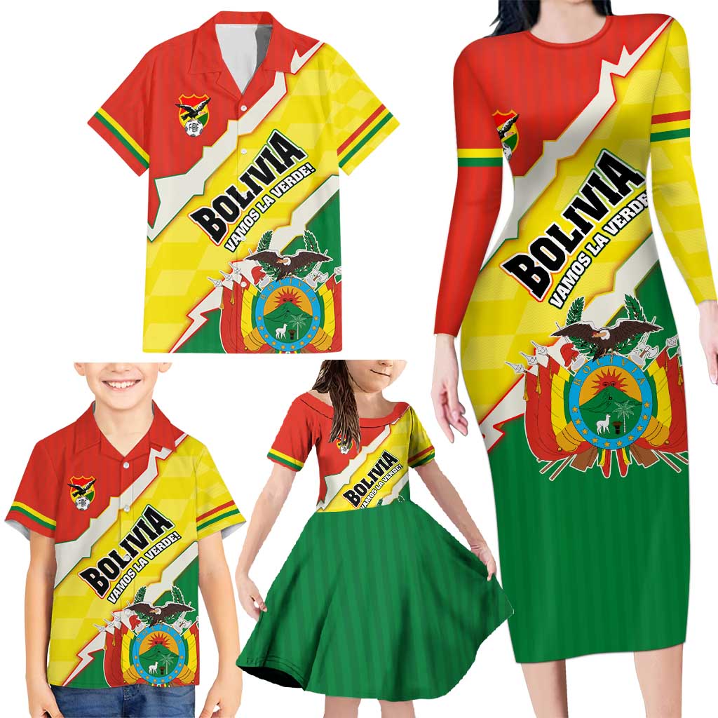 Bolivia Vamos La Verde Family Matching Long Sleeve Bodycon Dress and Hawaiian Shirt with Flag Colors and National Football Crest