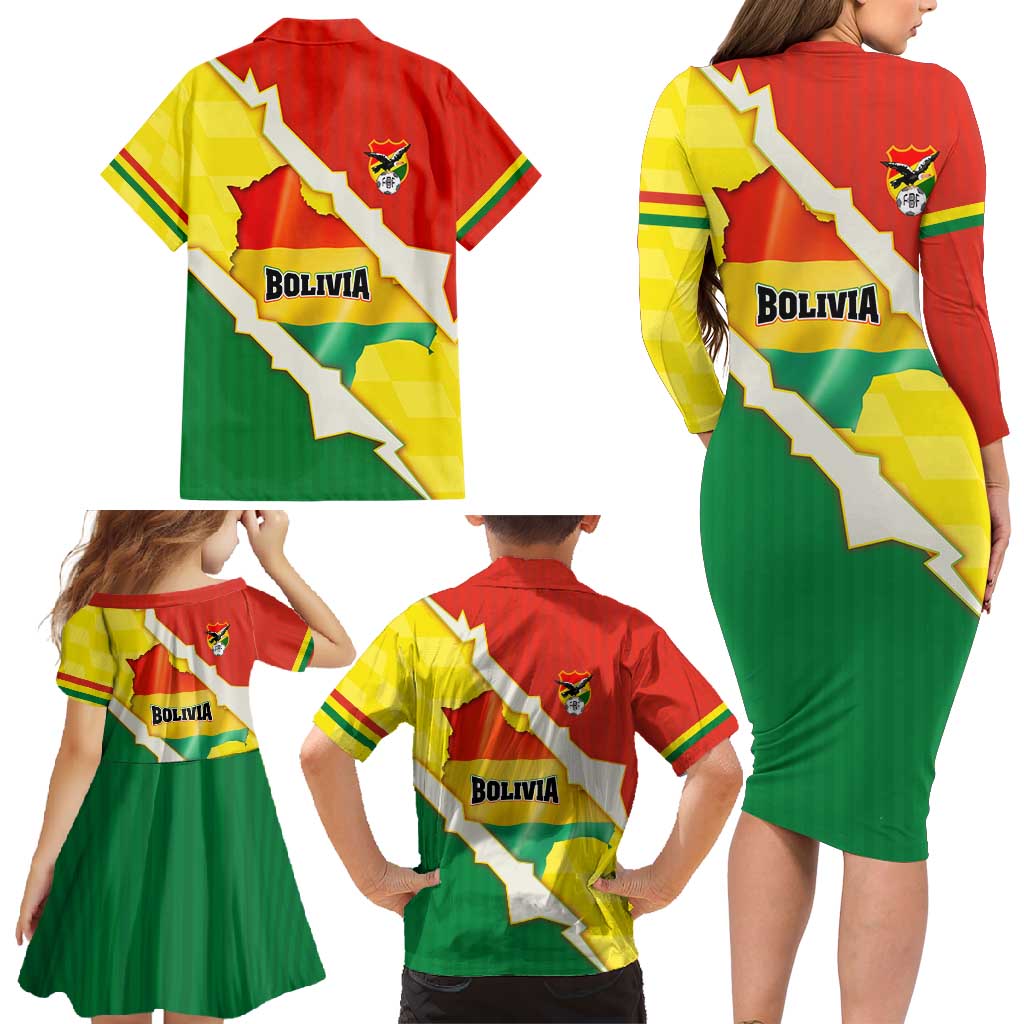 Bolivia Vamos La Verde Family Matching Long Sleeve Bodycon Dress and Hawaiian Shirt with Flag Colors and National Football Crest