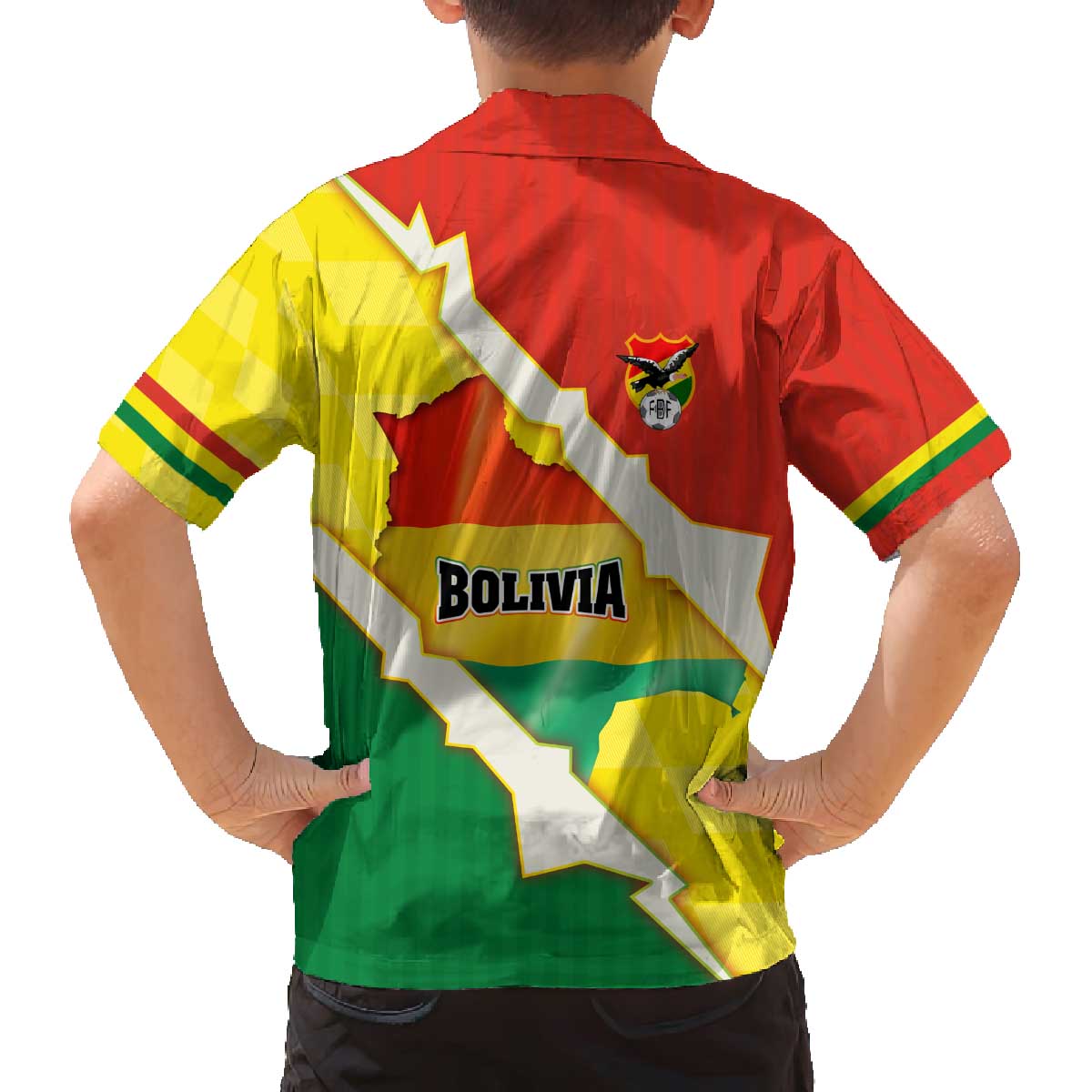 Bolivia Vamos La Verde Family Matching Off The Shoulder Long Sleeve Dress and Hawaiian Shirt with Flag Colors and National Football Crest