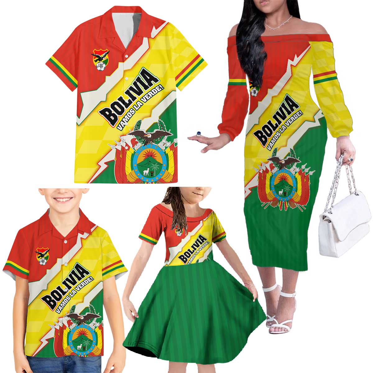 Bolivia Vamos La Verde Family Matching Off The Shoulder Long Sleeve Dress and Hawaiian Shirt with Flag Colors and National Football Crest