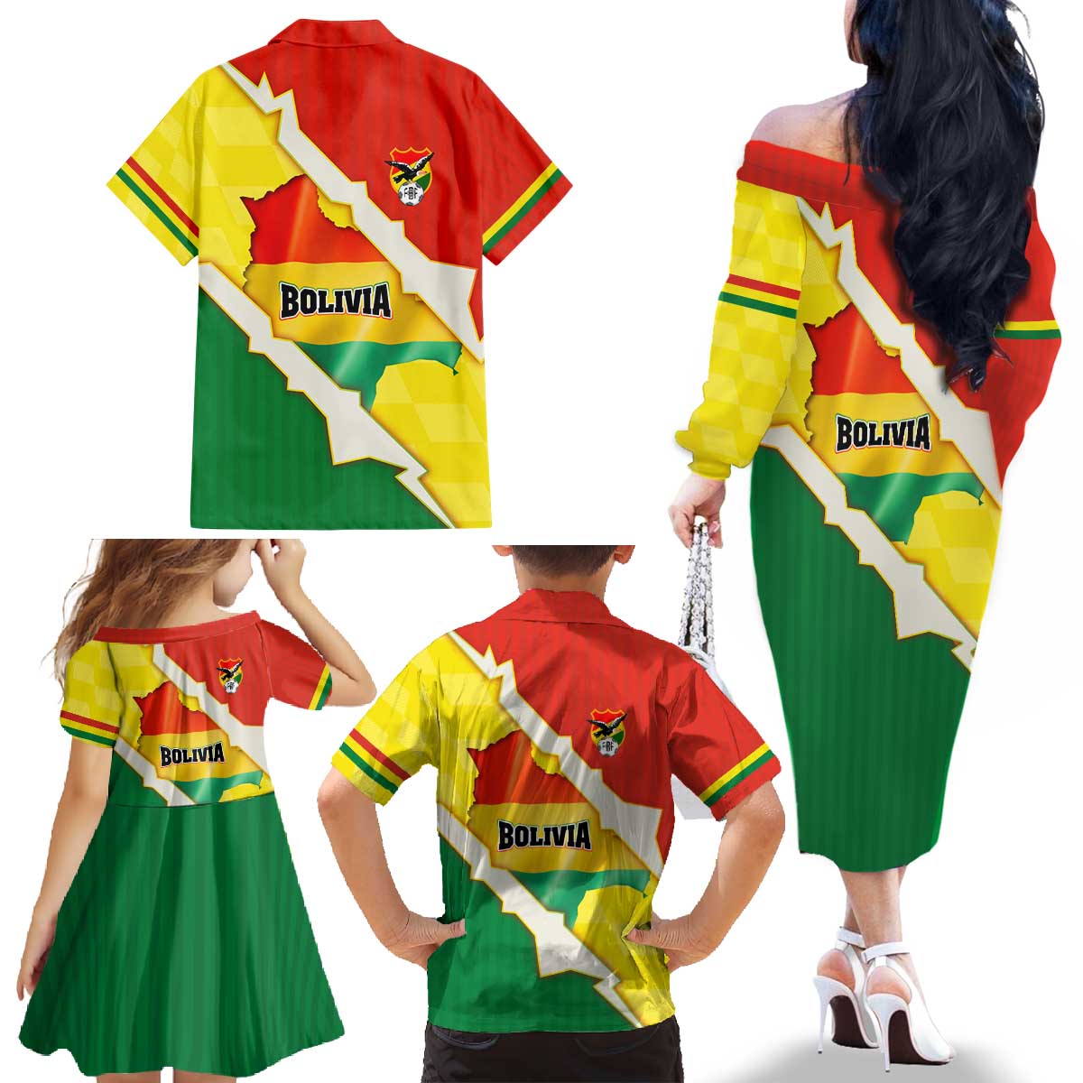 Bolivia Vamos La Verde Family Matching Off The Shoulder Long Sleeve Dress and Hawaiian Shirt with Flag Colors and National Football Crest