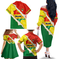 Bolivia Vamos La Verde Family Matching Off The Shoulder Long Sleeve Dress and Hawaiian Shirt with Flag Colors and National Football Crest