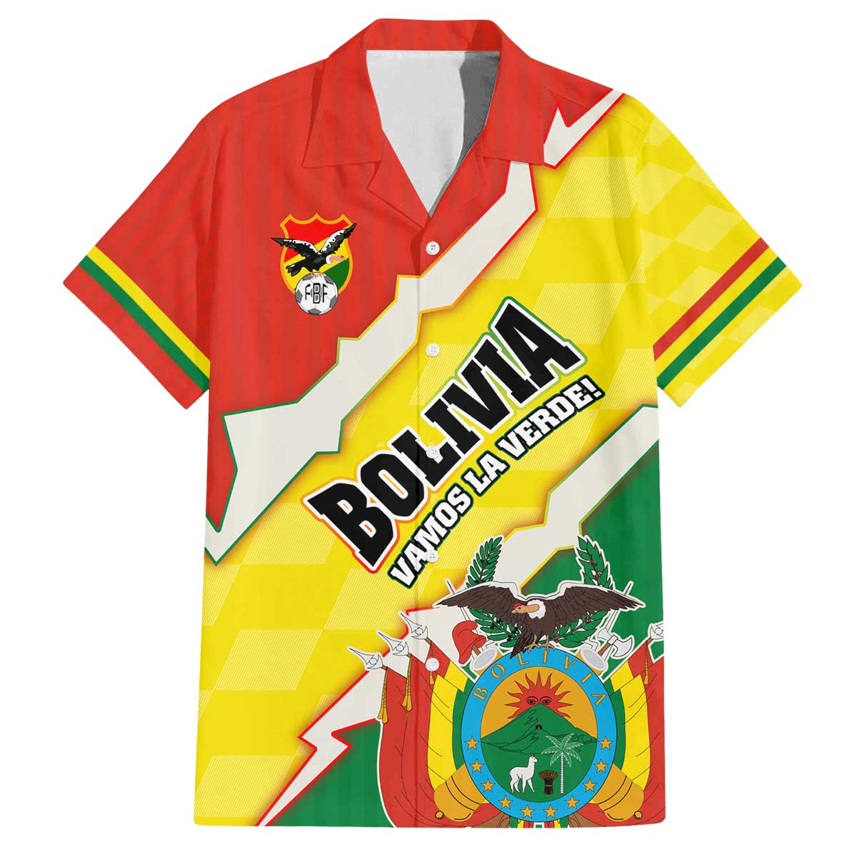 Bolivia Vamos La Verde Family Matching Off The Shoulder Long Sleeve Dress and Hawaiian Shirt with Flag Colors and National Football Crest