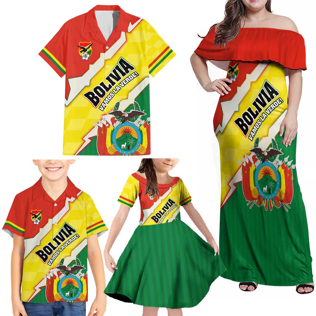 Bolivia Vamos La Verde Family Matching Off Shoulder Maxi Dress and Hawaiian Shirt with Flag Colors and National Football Crest