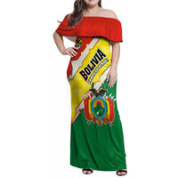 Bolivia Vamos La Verde Family Matching Off Shoulder Maxi Dress and Hawaiian Shirt with Flag Colors and National Football Crest