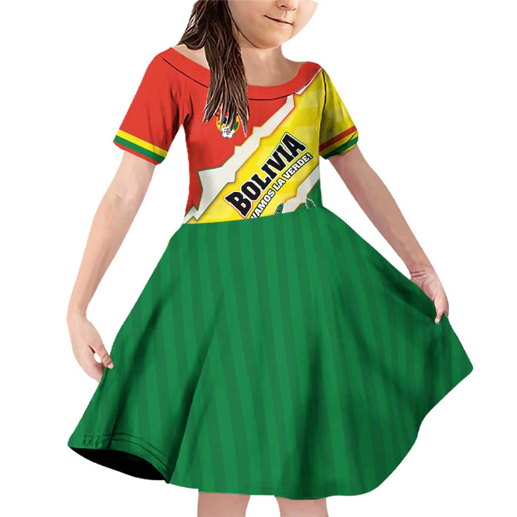 Bolivia Vamos La Verde Family Matching Off Shoulder Short Dress and Hawaiian Shirt with Flag Colors and National Football Crest