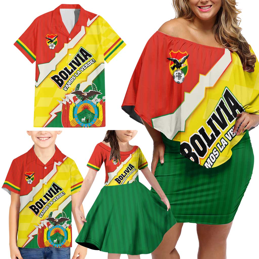 Bolivia Vamos La Verde Family Matching Off Shoulder Short Dress and Hawaiian Shirt with Flag Colors and National Football Crest