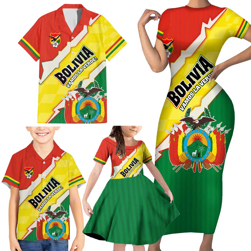 Bolivia Vamos La Verde Family Matching Short Sleeve Bodycon Dress and Hawaiian Shirt with Flag Colors and National Football Crest