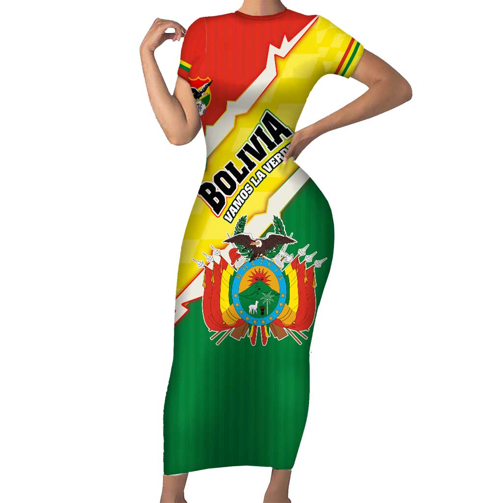 Bolivia Vamos La Verde Family Matching Short Sleeve Bodycon Dress and Hawaiian Shirt with Flag Colors and National Football Crest